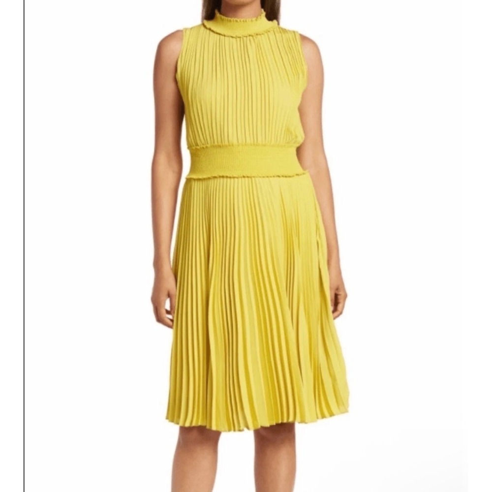 Nanette Lepore Yellow Pleated Mock Neck‎ Smocked Waist Midi Dress Size 6 NEW
